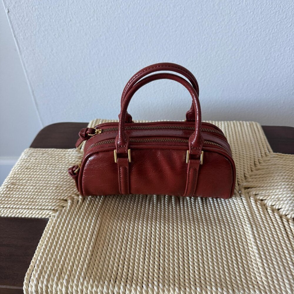 Zara Mini Leather Barrel Bag • Red Brown • Double Zip • Crossbody - Picture 5 of 9
